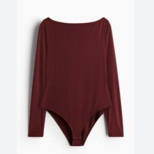 H&M Women's Burgundy/Brown Boat-neck Long-sleeve Bodysuit (Size XL)